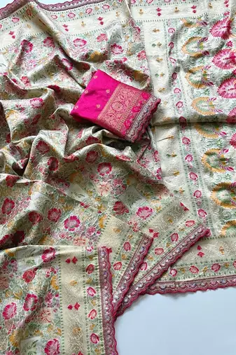 light green color siquence embroidery cut work lace fitting with kasmiri thread weaving pasmeena silk blend saree