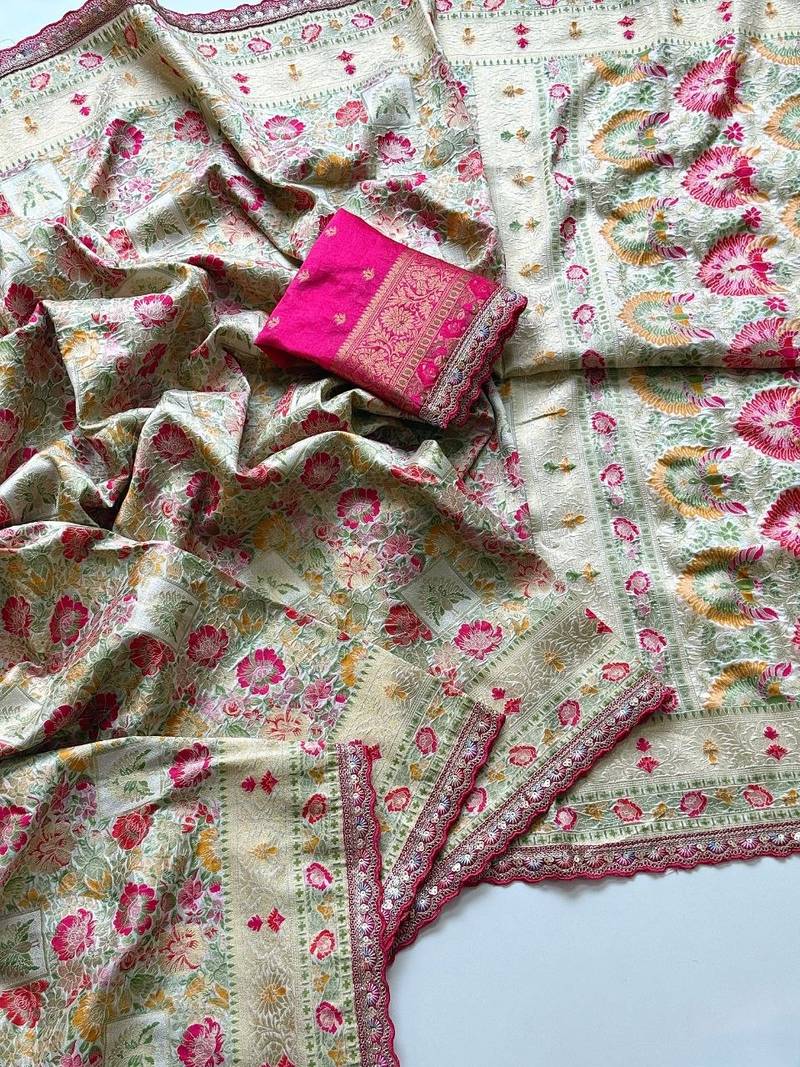 light green color siquence embroidery cut work lace fitting with kasmiri thread weaving pasmeena silk blend saree