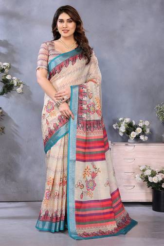 Handloom linen cotton zari border digital printed saree  with attached blouse