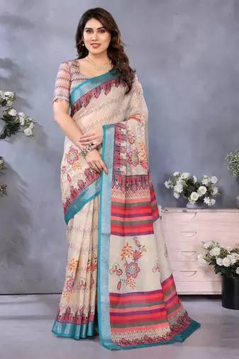 Handloom linen cotton zari border digital printed saree  with attached blouse