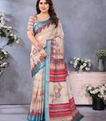Handloom linen cotton zari border digital printed saree  with attached blouse