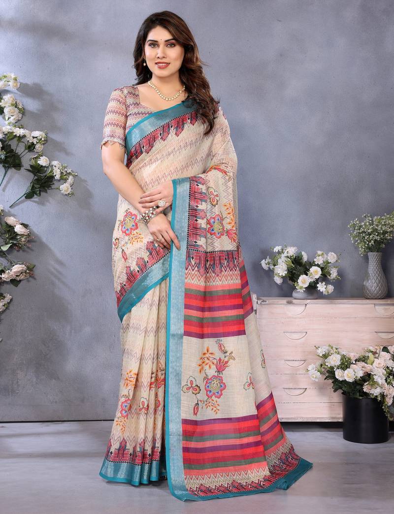 Handloom linen cotton zari border digital printed saree  with attached blouse