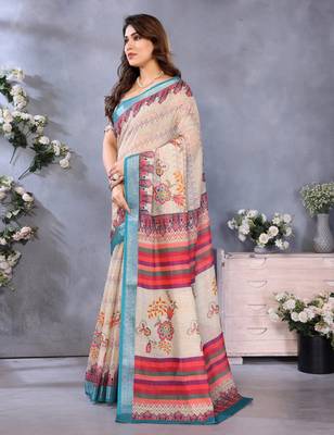 Handloom linen cotton zari border digital printed saree  with attached blouse 2