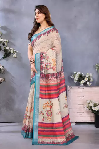Handloom linen cotton zari border digital printed saree  with attached blouse