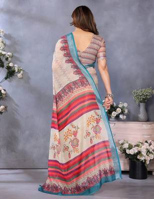 Handloom linen cotton zari border digital printed saree  with attached blouse 3