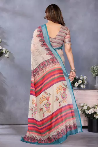 Handloom linen cotton zari border digital printed saree  with attached blouse