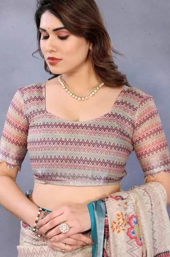 Handloom linen cotton zari border digital printed saree  with attached blouse