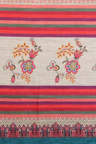 Handloom linen cotton zari border digital printed saree  with attached blouse