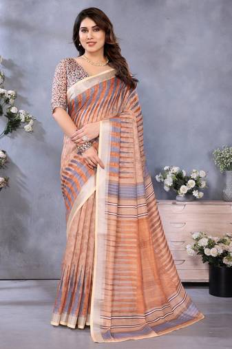 Handloom linen cotton zari border digital printed saree  with attached blouse