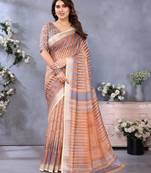 Handloom linen cotton zari border digital printed saree  with attached blouse
