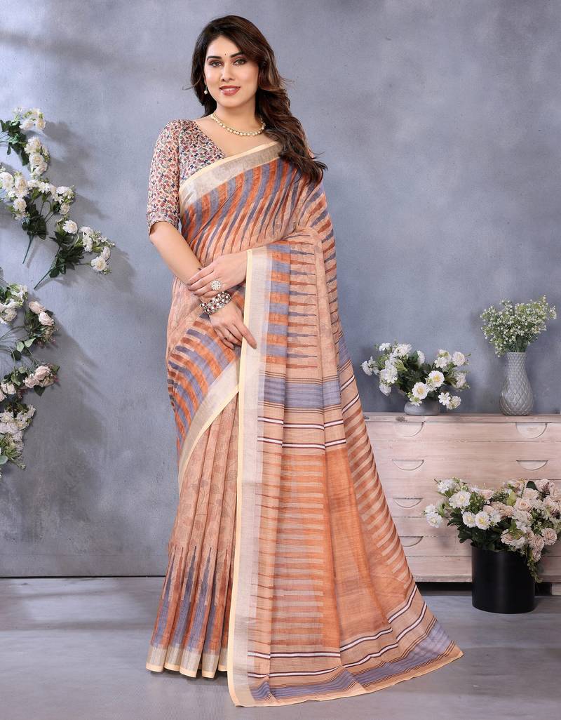 Handloom linen cotton zari border digital printed saree  with attached blouse