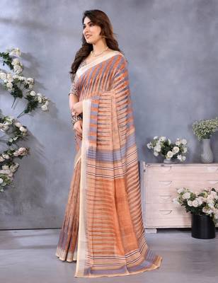 Handloom linen cotton zari border digital printed saree  with attached blouse 2