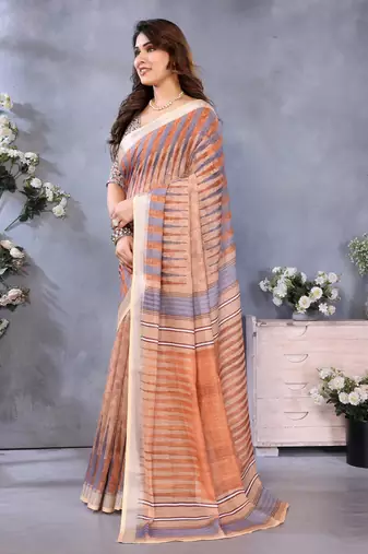 Handloom linen cotton zari border digital printed saree  with attached blouse