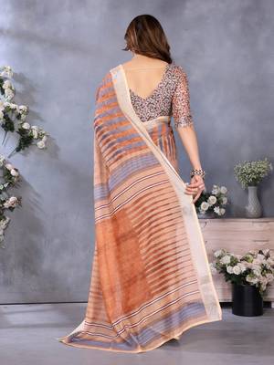 Handloom linen cotton zari border digital printed saree  with attached blouse 3