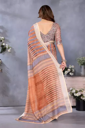 Handloom linen cotton zari border digital printed saree  with attached blouse