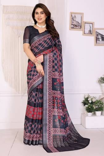 Handloom linen cotton zari border digital printed saree  with attached blouse