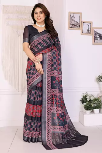 Handloom linen cotton zari border digital printed saree  with attached blouse
