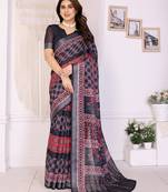 Handloom linen cotton zari border digital printed saree  with attached blouse