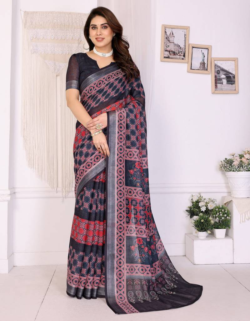 Handloom linen cotton zari border digital printed saree  with attached blouse