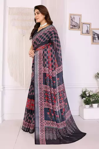 Handloom linen cotton zari border digital printed saree  with attached blouse
