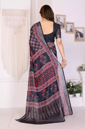 Handloom linen cotton zari border digital printed saree  with attached blouse