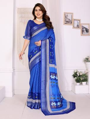 Handloom linen cotton zari border digital printed saree  with attached blouse 1