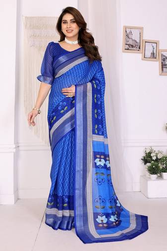 Handloom linen cotton zari border digital printed saree  with attached blouse