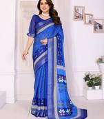 Handloom linen cotton zari border digital printed saree  with attached blouse