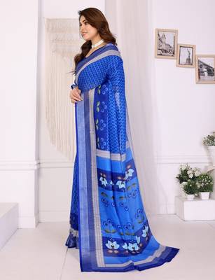 Handloom linen cotton zari border digital printed saree  with attached blouse 2