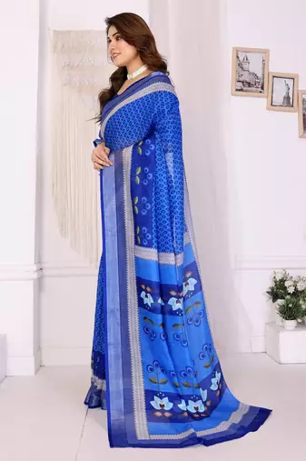 Handloom linen cotton zari border digital printed saree  with attached blouse