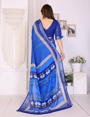 Handloom linen cotton zari border digital printed saree  with attached blouse 4