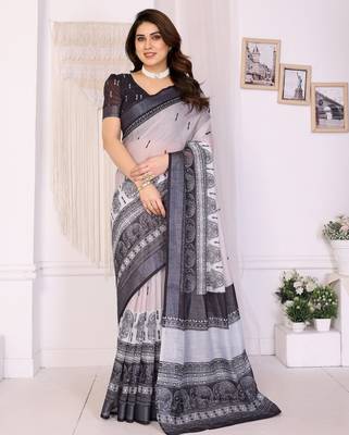 Handloom linen cotton zari border digital printed saree  with attached blouse 1