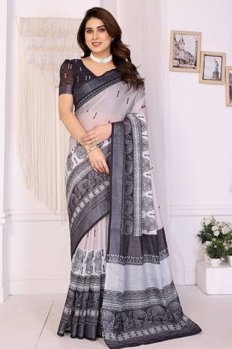Handloom linen cotton zari border digital printed saree  with attached blouse