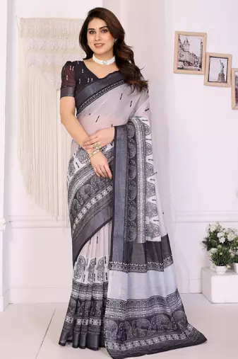 Handloom linen cotton zari border digital printed saree  with attached blouse