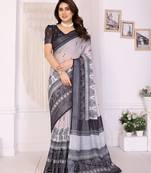 Handloom linen cotton zari border digital printed saree  with attached blouse