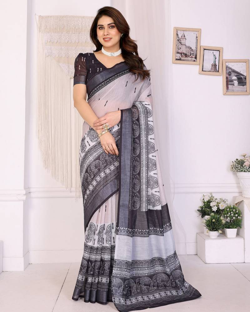 Handloom linen cotton zari border digital printed saree  with attached blouse