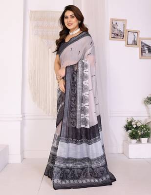 Handloom linen cotton zari border digital printed saree  with attached blouse 2
