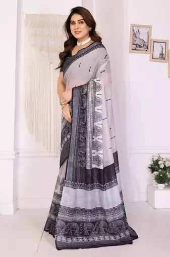 Handloom linen cotton zari border digital printed saree  with attached blouse