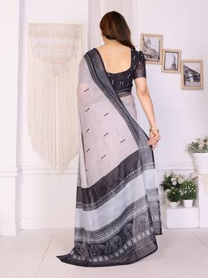 Handloom linen cotton zari border digital printed saree  with attached blouse 3