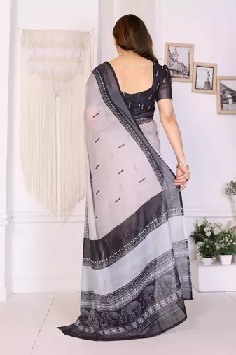Handloom linen cotton zari border digital printed saree  with attached blouse
