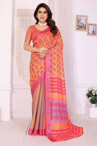 Handloom linen cotton zari border digital printed saree  with attached blouse