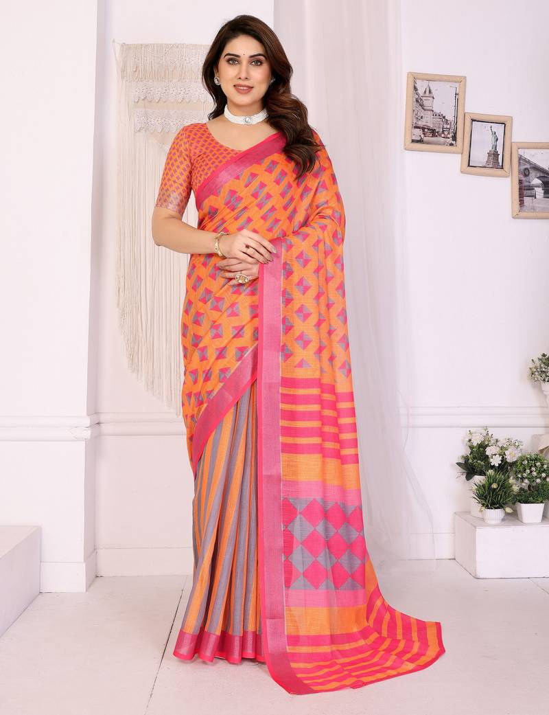 Handloom linen cotton zari border digital printed saree  with attached blouse