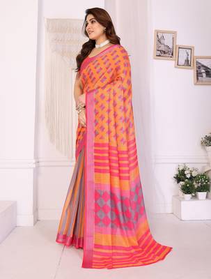 Handloom linen cotton zari border digital printed saree  with attached blouse 2