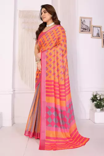 Handloom linen cotton zari border digital printed saree  with attached blouse