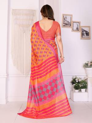 Handloom linen cotton zari border digital printed saree  with attached blouse 3