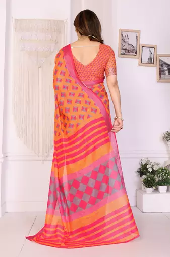 Handloom linen cotton zari border digital printed saree  with attached blouse