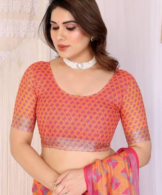 Handloom linen cotton zari border digital printed saree  with attached blouse 4
