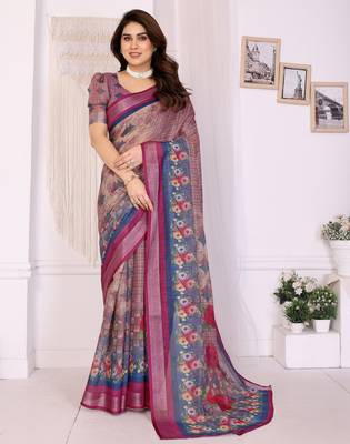 Handloom linen cotton zari border digital printed saree  with attached blouse 1