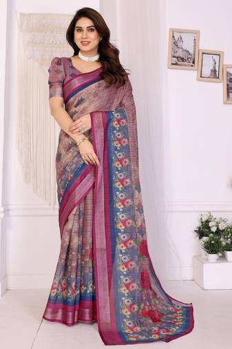 Handloom linen cotton zari border digital printed saree  with attached blouse