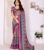 Handloom linen cotton zari border digital printed saree  with attached blouse